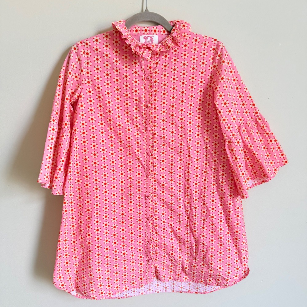 Victoria Dunn Pink Daisy Print Cotton Blouse Ruffle Collar Bell Sleeve XS